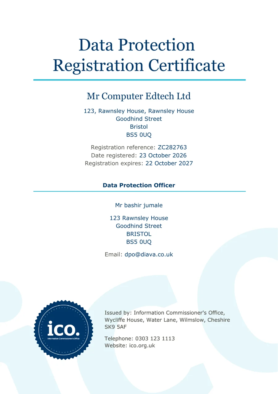 Data Protection Registration Certificate for Mr Computer Edtech Ltd, registration reference ZC282763, issued by the Information Commissioner's Office