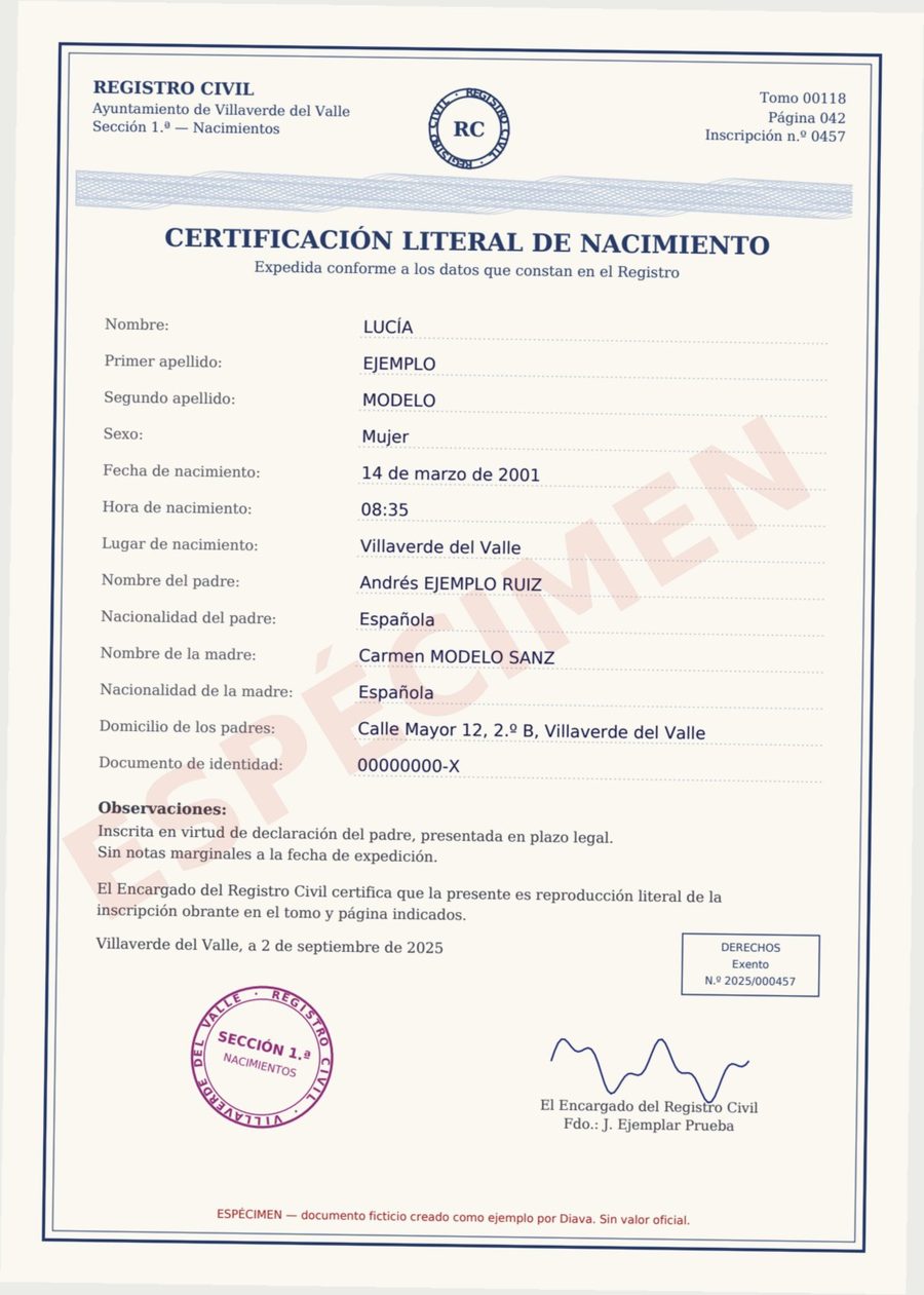 Original Spanish birth certificate (specimen)